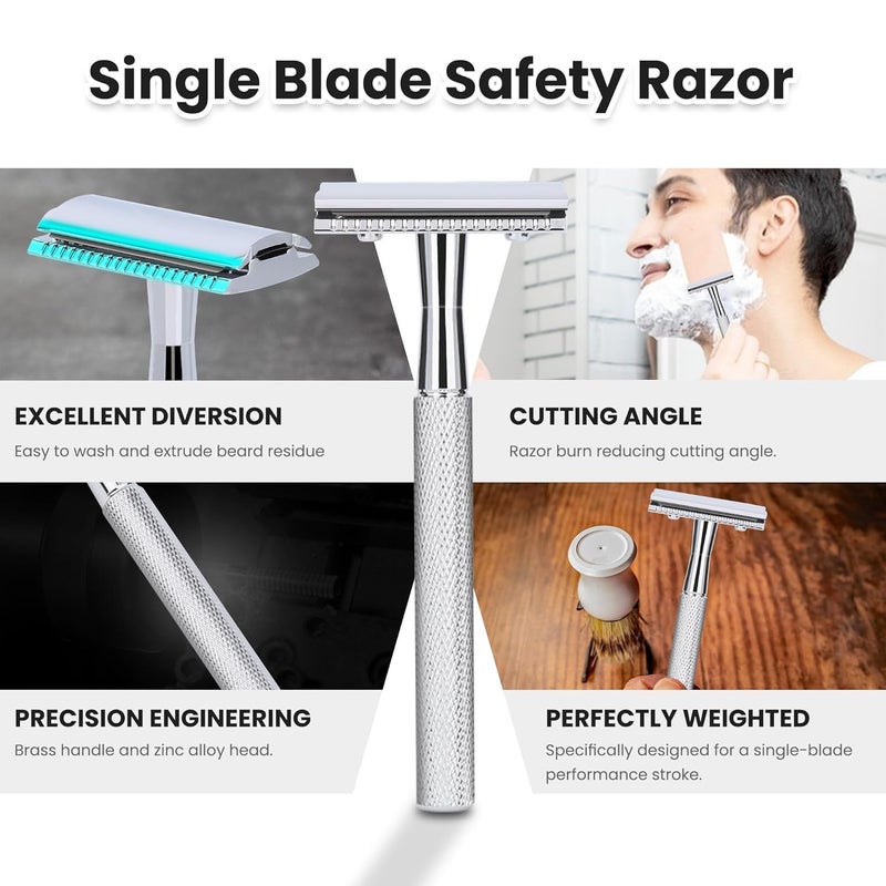 Keropy Single Blade Safety Razor With 10 Premium Stainless Steel Blades Double Edge Safety Razors For Men, Smooth Wet Shave Experience, Glossy Silver - Image 5